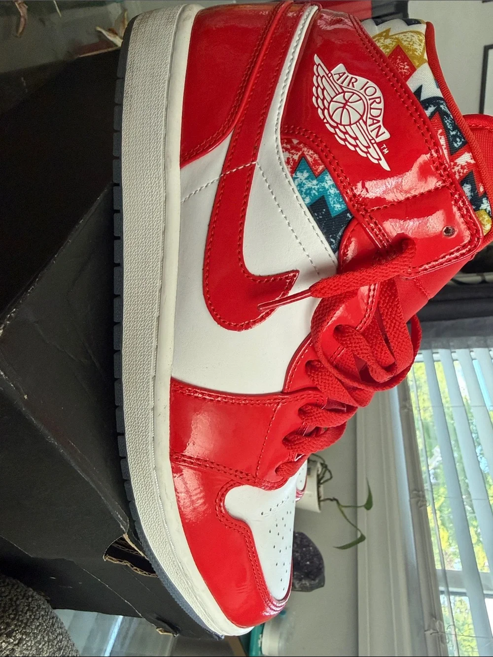 Jordan Red White High-Top Sneakers with Patterned Collar